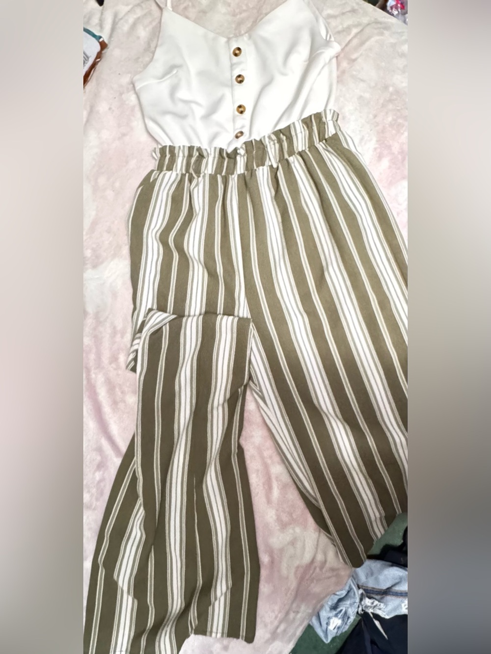 Blue Rain Olive and White Striped Wide Leg Pants